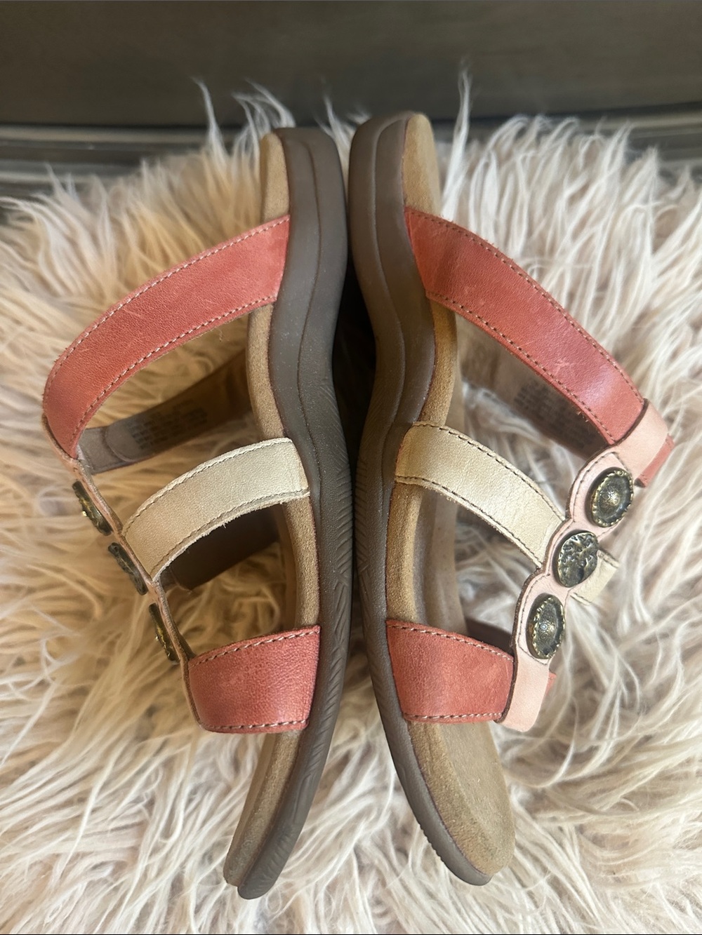 Taos Footwear Coral and Beige Triple-Button Slide Sandals - Picture 2 of 4